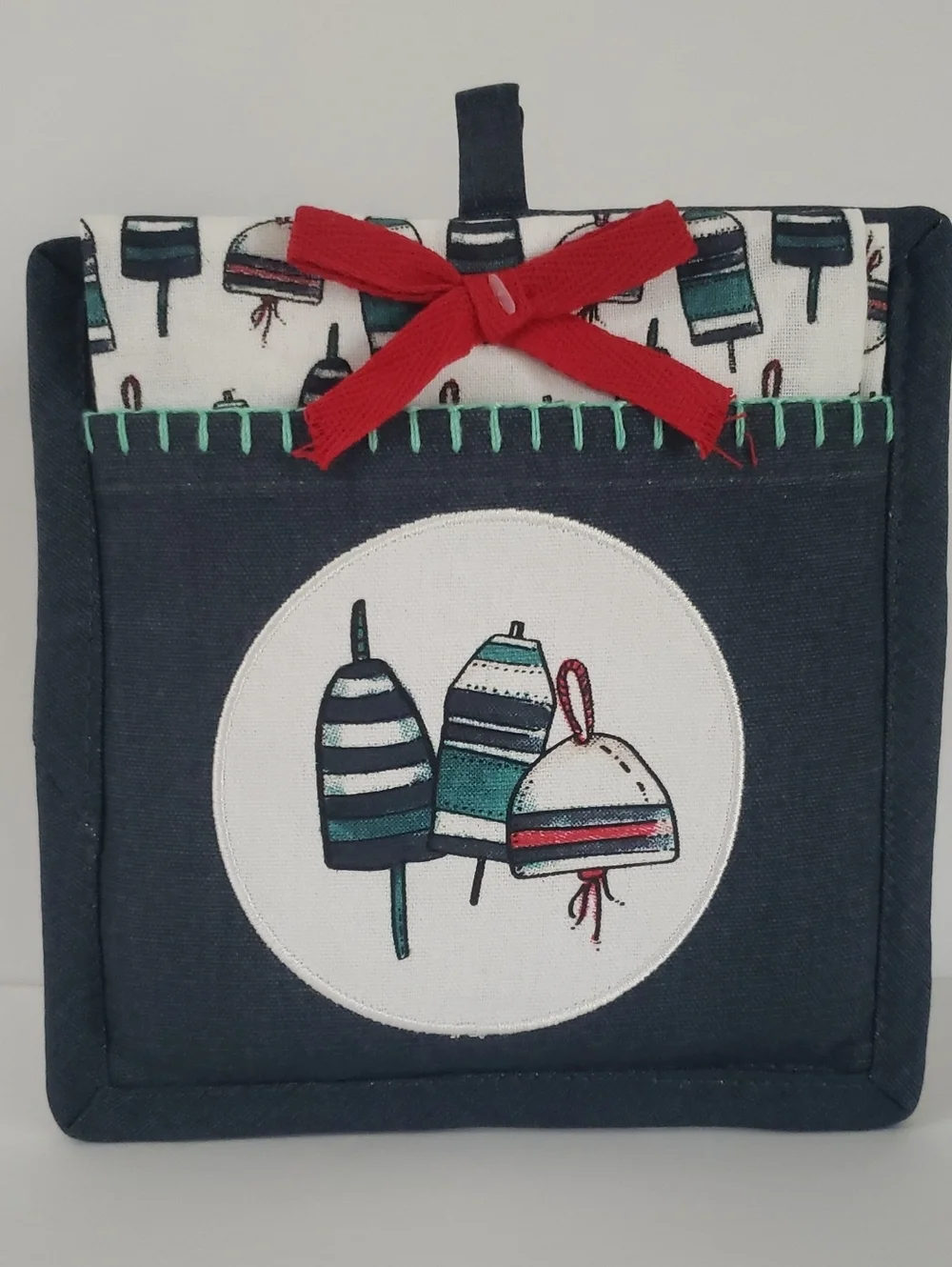 Navy Quilted Buoy Design Pot Holder with 100% Cotton Buoy Print Towel Set